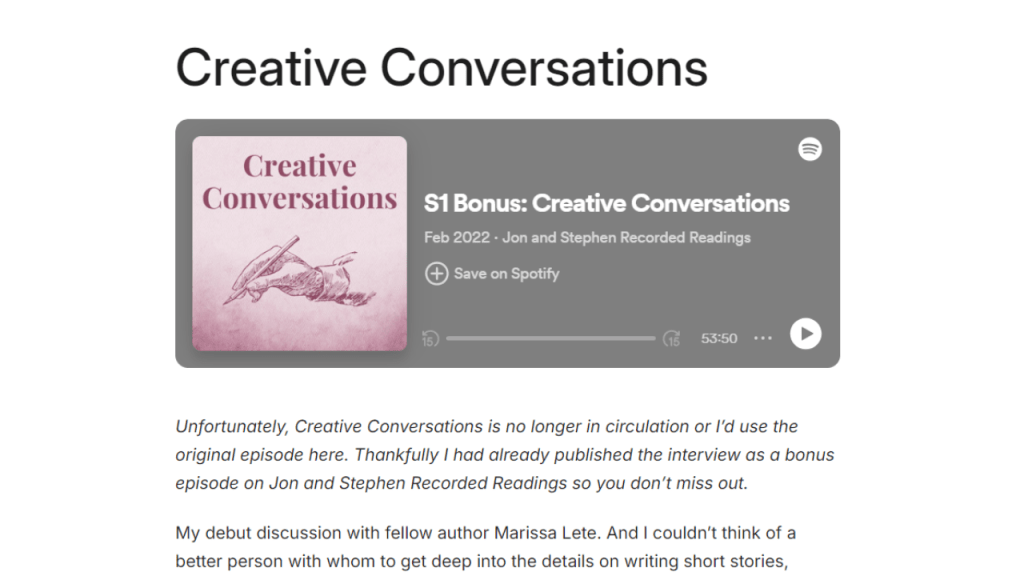 Author Interviews landing page showing Creative Conversations episode